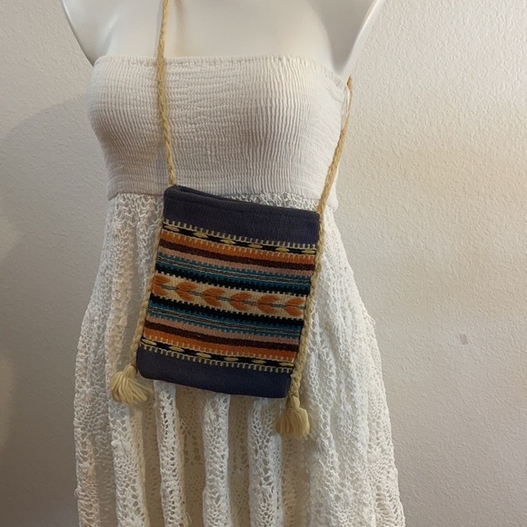 Greek motif tan pattern travel crossbody two small totes boho festival lot of 2 - Picture 9 of 13